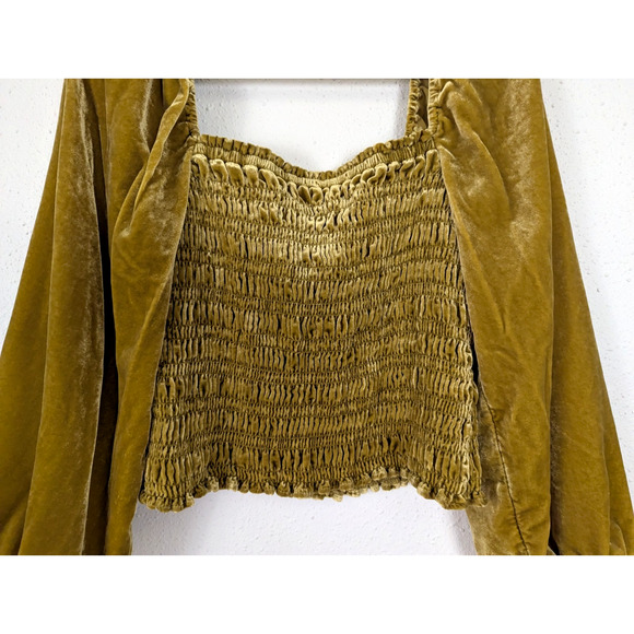 by Anthropologie sz L Velvet Puff Sleeve Smocked Blouse gold yellow top 3908 - Picture 2 of 6